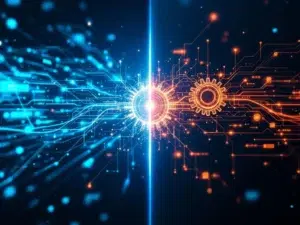 CRM-interface verbonden met marketing automatisering via glasvezel brug, blauwe en oranje datastromen op donkere achtergrond