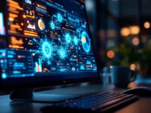 Computermonitor toont datavisualisatie met blauwe streams die van CRM-interface naar Power BI dashboard stromen
