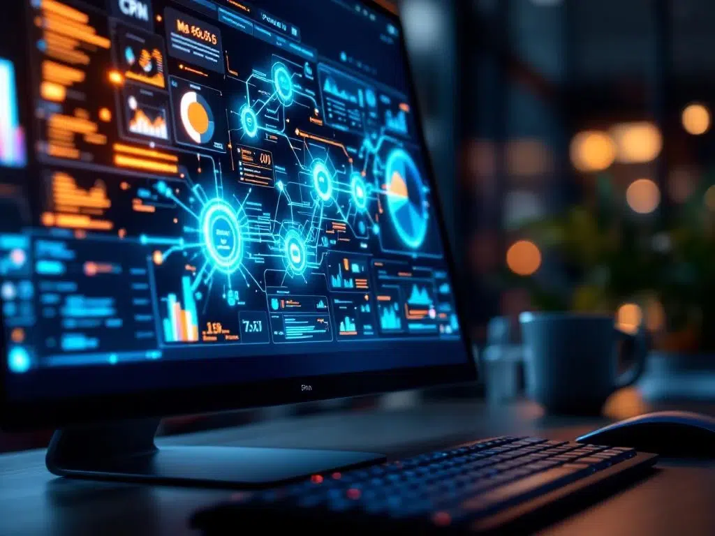 Computermonitor toont datavisualisatie met blauwe streams die van CRM-interface naar Power BI dashboard stromen