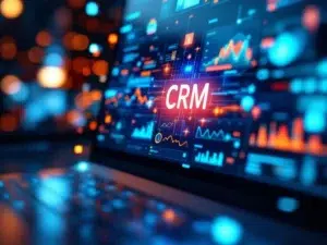 Computer scherm toont CRM dashboard geconnecteerd met Power BI grafieken via gloeiende datastromen in blauw en oranje