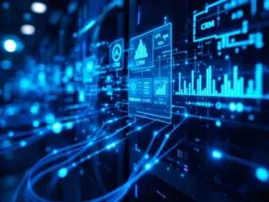 Computerservers met blauwe verlichte kabels en holografische CRM-datastromen in moderne technische omgeving