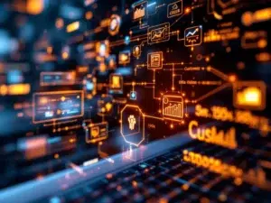 Computermonitor toont geautomatiseerde datastromen met blauwe en oranje verbindingslijnen tussen systeemiconen en grafieken