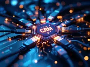 Datacabels en connectoren die naar een gloeiend CRM-database icoon leiden in een moderne serverruimte