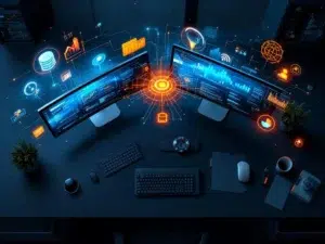 Moderne kantoorbureau met twee computermonitoren die digitale dashboards en gloeide dataverbindingen tonen in blauw-oranje