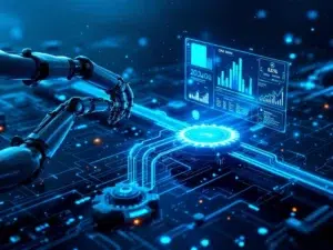 Moderne datapijplijn met blauwe datastromen door transparante buizen naar CRM-dashboard met geautomatiseerde robotarmen