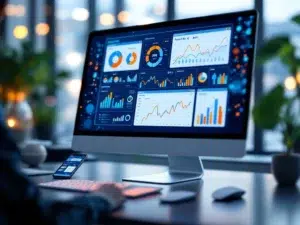 Moderne computermonitor toont Power BI dashboard met kleurrijke verkoopgrafieken en KPI-data, draadloze muis op bureau