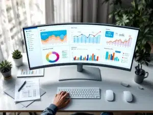 Moderne werkplek met gebogen monitor die kleurrijke sales dashboard toont met grafieken, KPI's en CRM-interface op smartphone