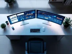 Twee monitors op modern bureau tonen CRM-dashboards en financiële grafieken met blauwe dataverbindingen ertussen